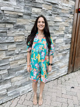 Emerald Paisley Print V Neck Dress