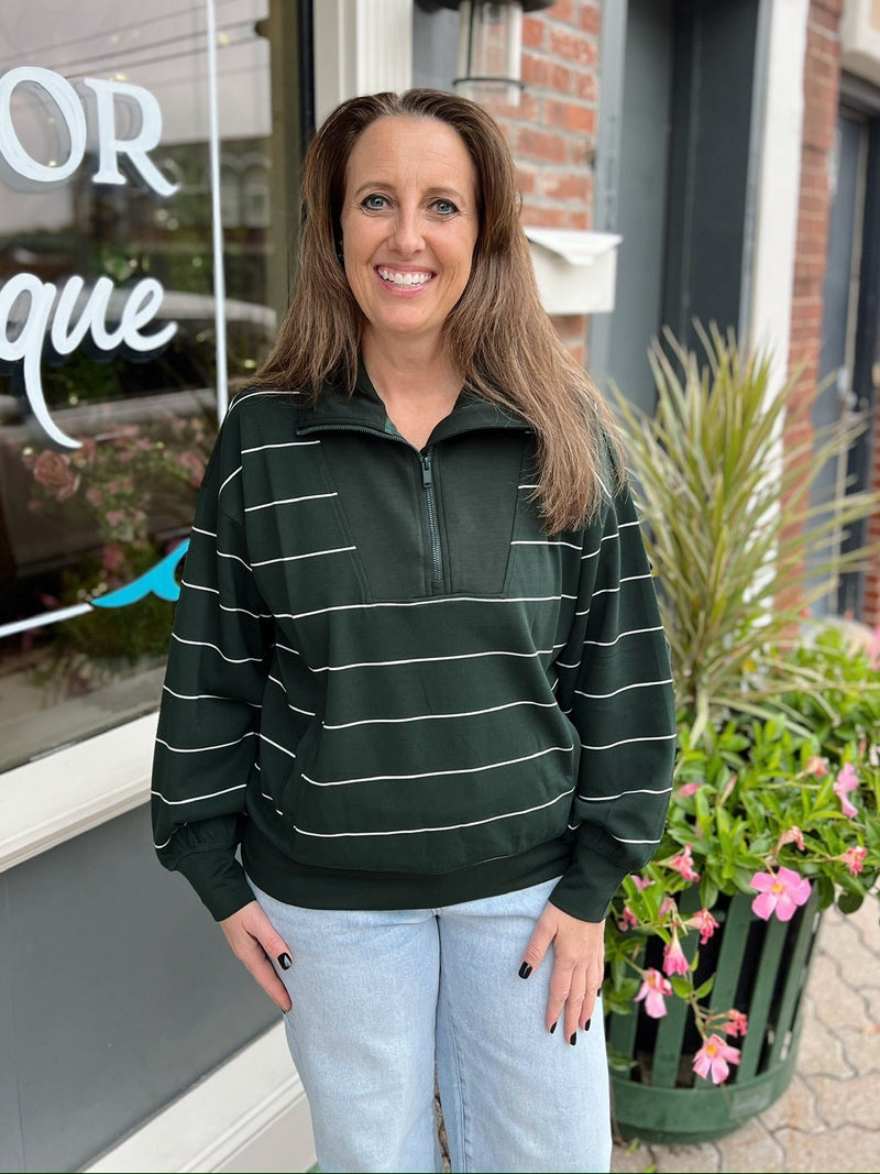 Stripe Quarter Zip Mock Neck Pullover