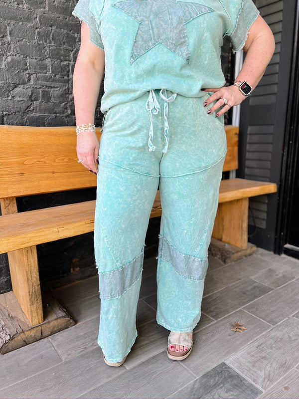 Mineral Washed Denim Patch Wide Leg Pants