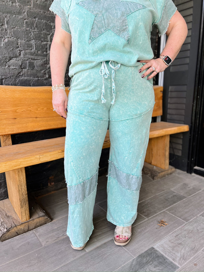 Mineral Washed Denim Patch Wide Leg Pants
