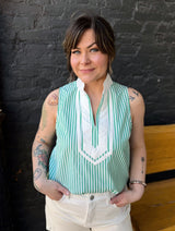 Green Striped Contrast V-Neck Sleeveless Top