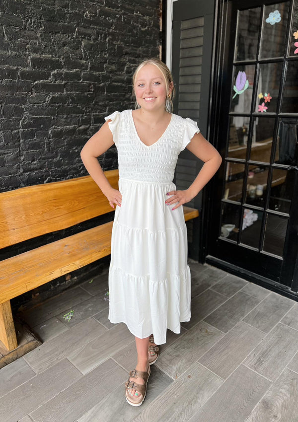 Tiered V-Neck Cap Sleeve Midi Dress