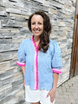 Blue 3/4 Sleeve Button Down Eyelet Top