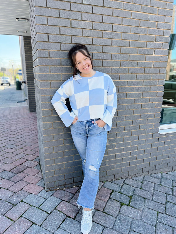 Blue Checkered Wide Sleeve Top
