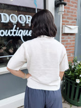 Oatmeal Short Sleeve Tie Neck Button Down Sweater