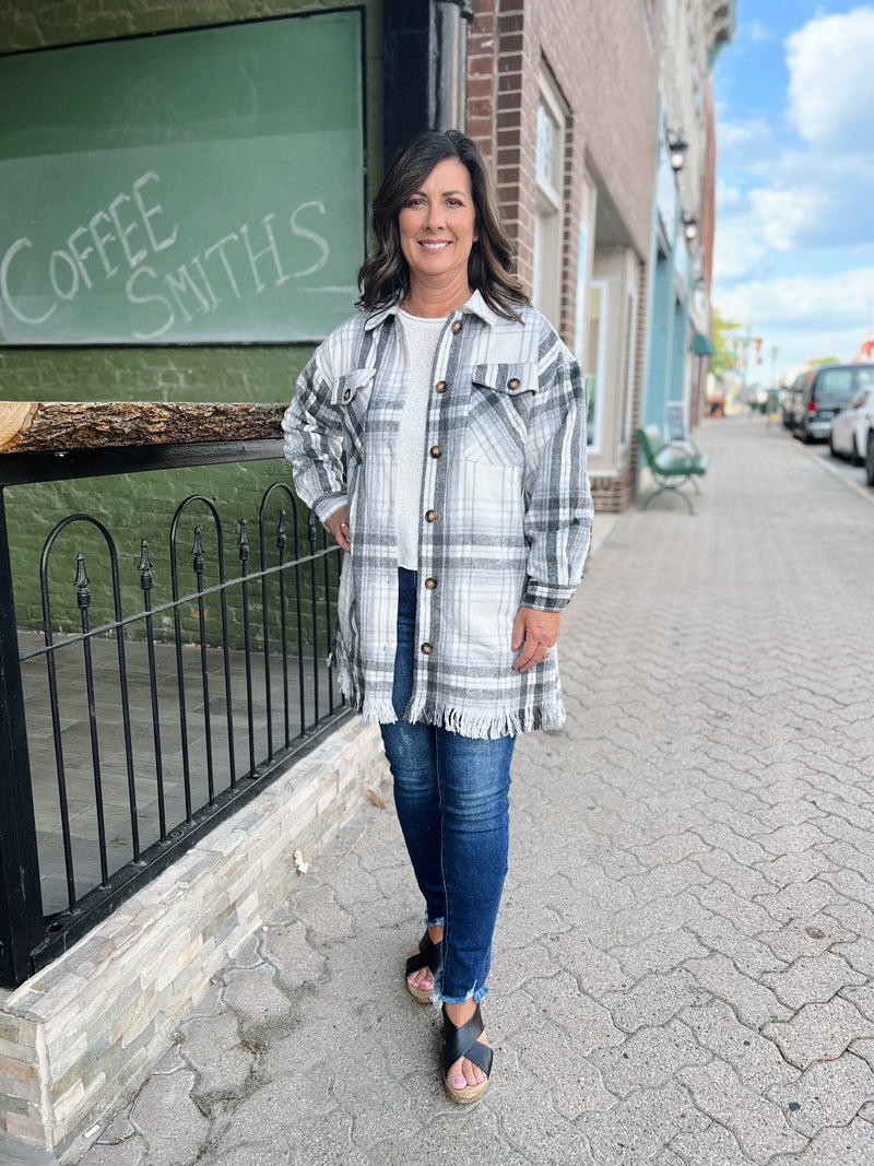 Gray Plaid Mid Length Shacket