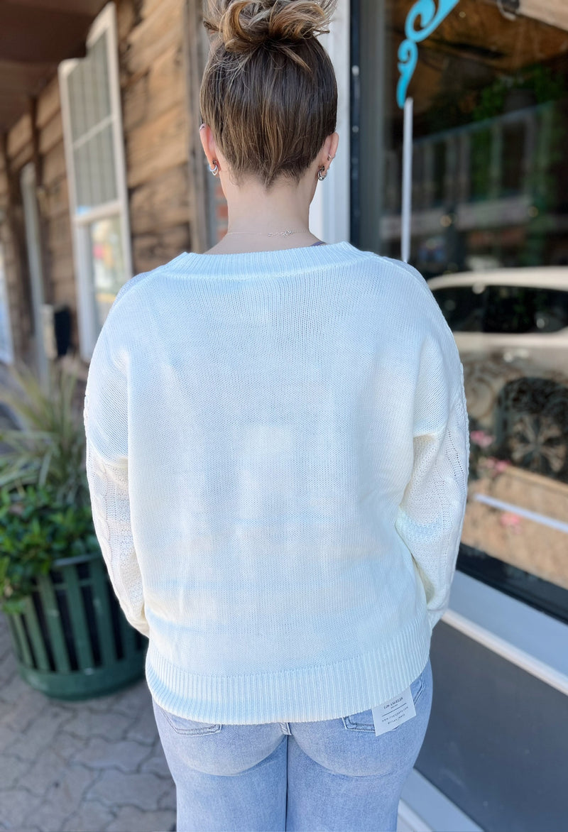 Ivory Embroidered Flower Cable Knit Sweater