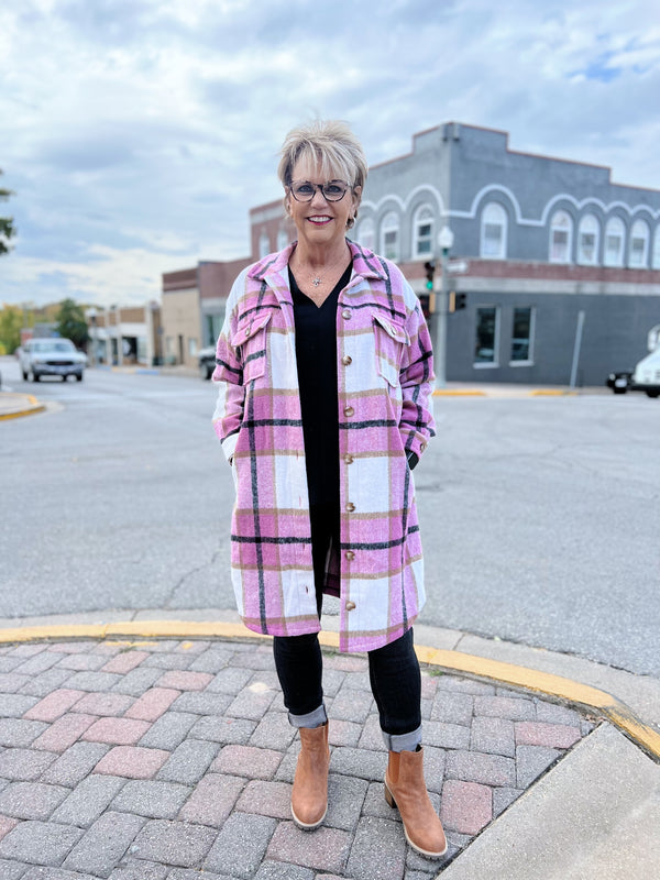 Pink Plaid Long Shacket