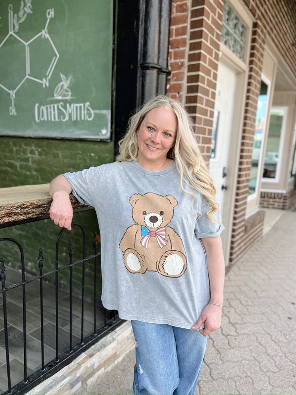 Grey Acid Wash Teddy Bear W/ Bow Tee