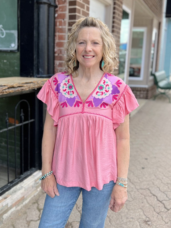 Pink V-Neck Multi Color Embroidery Ruffle Sleeve