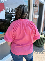 Curvy Peony Bubble Sleeve Seersucker Top
