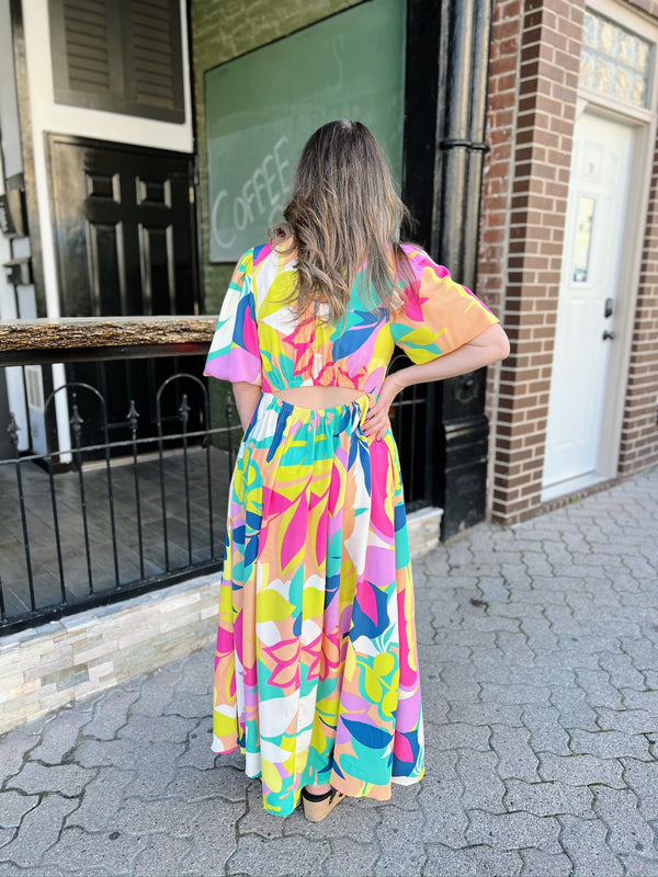 Orange Mix Tropical Abstract Maxi Dress