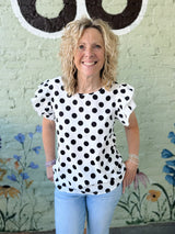 Black and White Polka Dot Flutter Sleeve Top