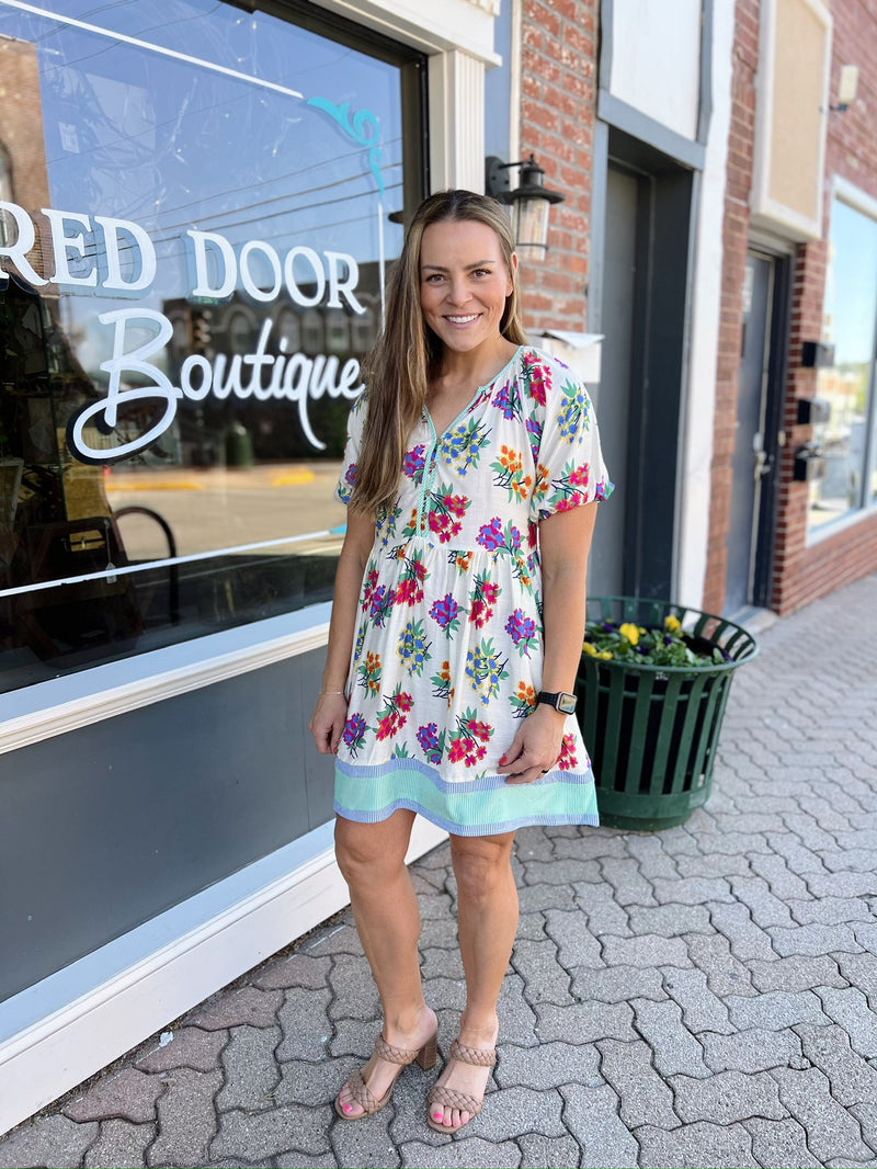 Cream and Blue Floral and Stripe Printed Dress