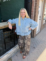 Washed Denim Button Down Ruffle Hem Top