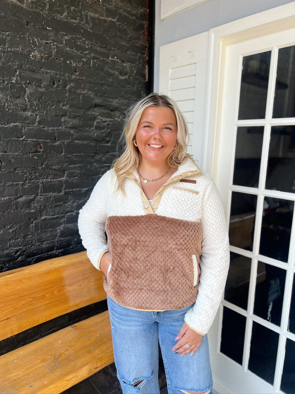 White & Brown with Buttons Fleece Pullover