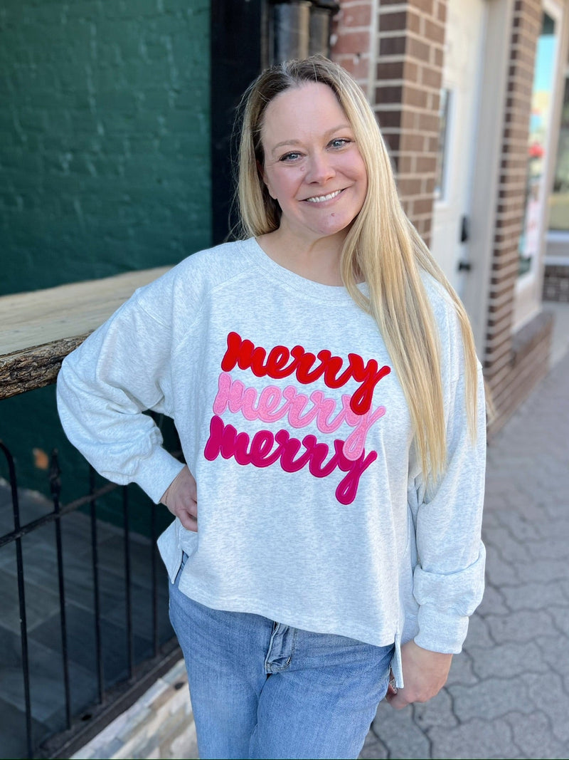 Merry Embroidered High-Low Pullover Sweatshirt