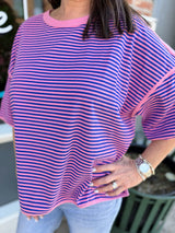 Pink and Blue Striped Oversized Drop Shoulder Top