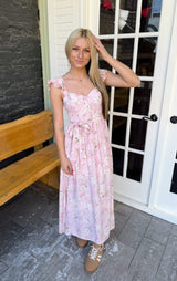 Pink Floral Corset Midi Dress