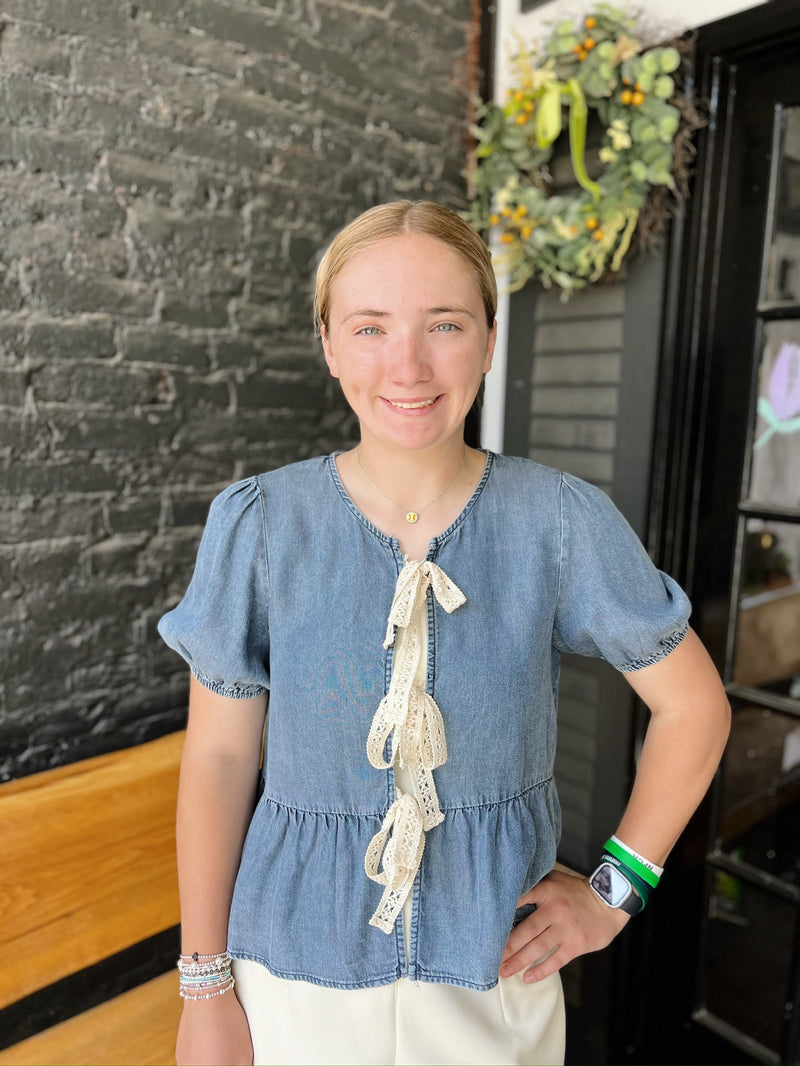 Denim Top with Front Ribbon Tie