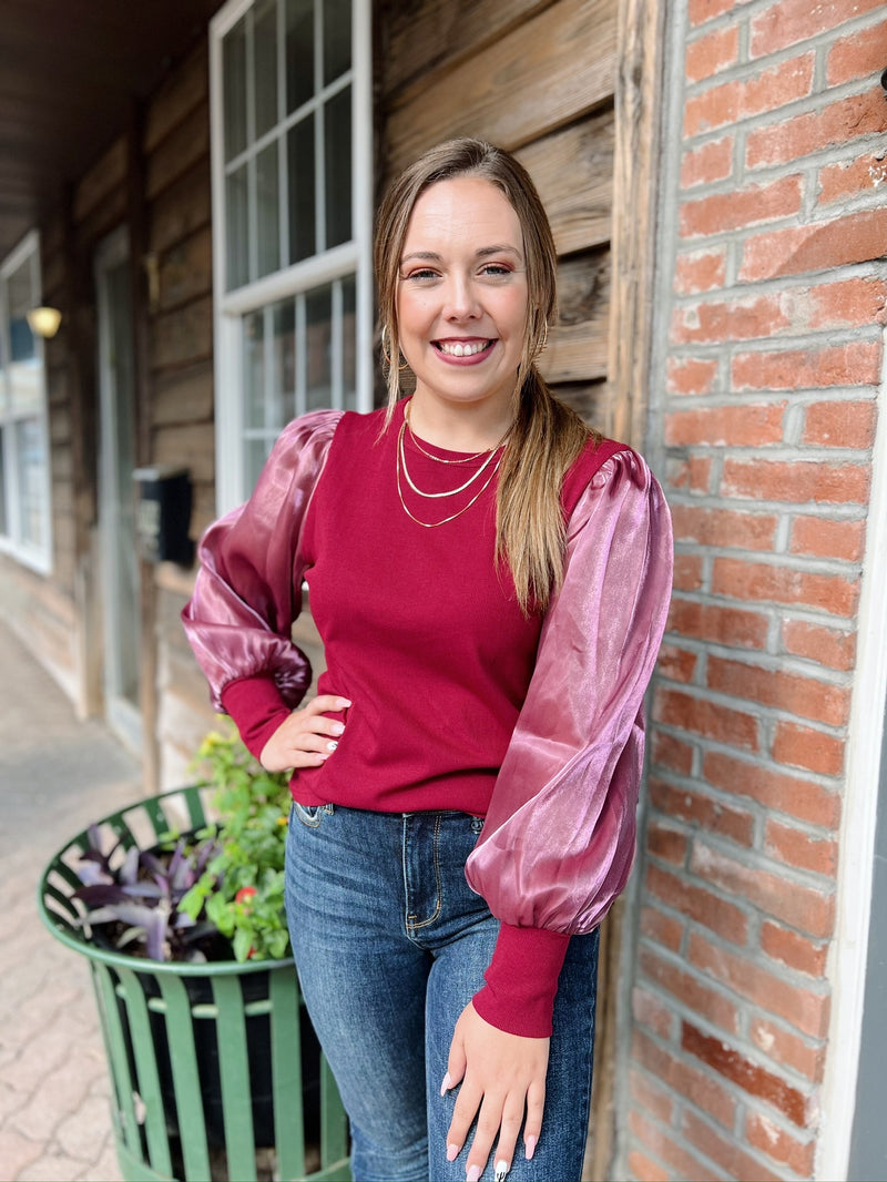 Burgundy Ribbed Sheer Sleeve Top