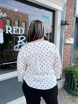 Curvy White Polka Dot Blouse With Cinched Sleeves
