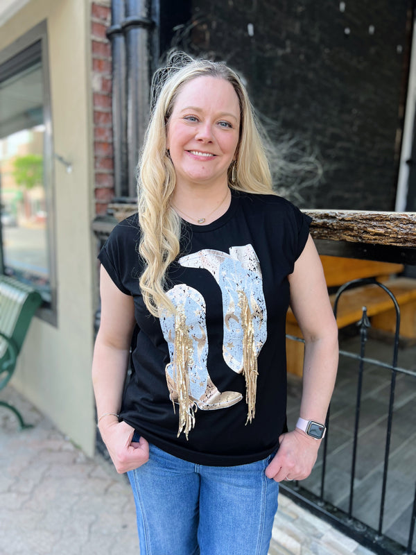 Black Sequin Fringe Boots Tee