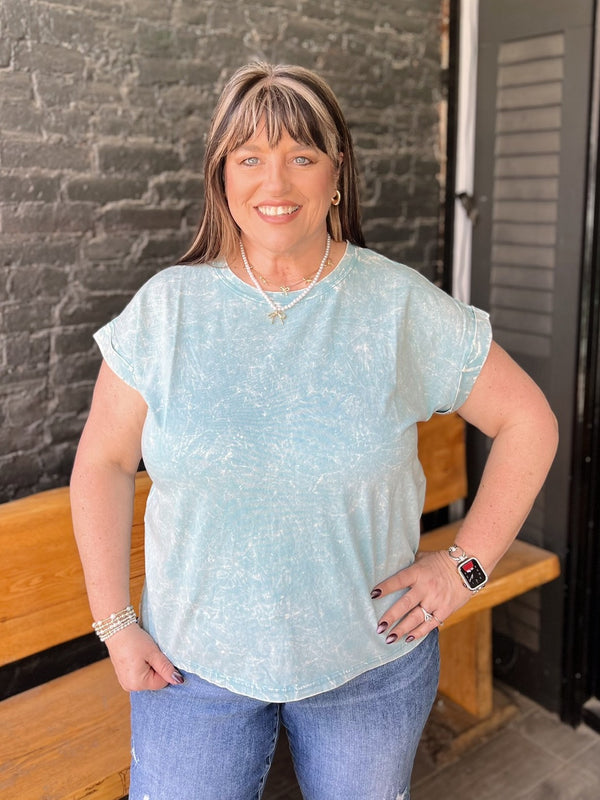 Curvy Crinkle Washed Round Neck Rolled Sleeve Tee
