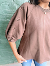 Brown Puff Eyelet Sleeve Top