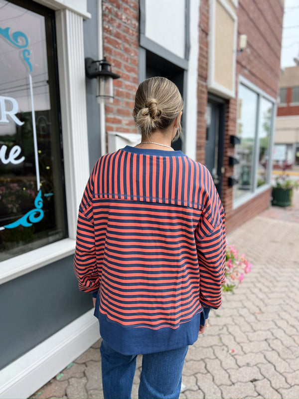Striped Terry Cloth Side Slit Crewneck