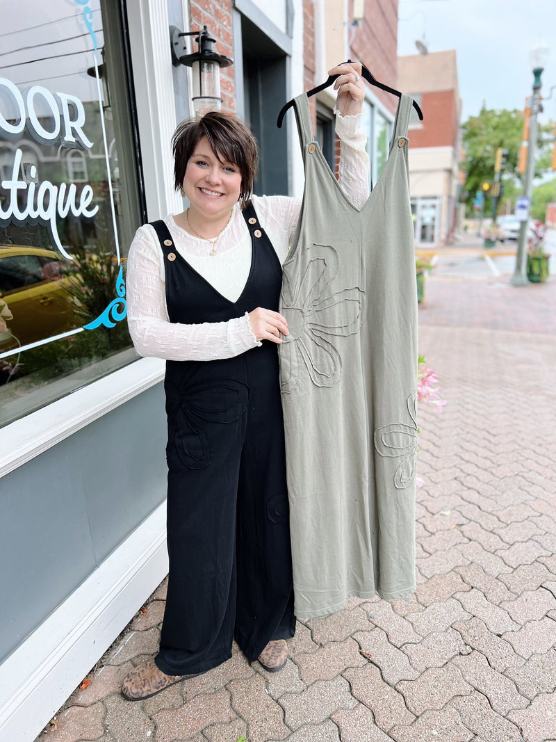 Raw Edge Patched Floral Overalls