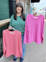 Curvy Raised Rib Long Sleeve Round Neck Pullover