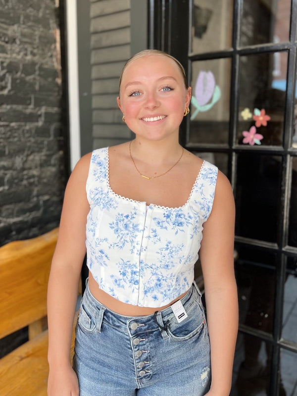Blue Floral Front Hook & Eye Sleeveless Crop