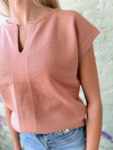 Light Rust Short Sleeve Split Neck Sweater