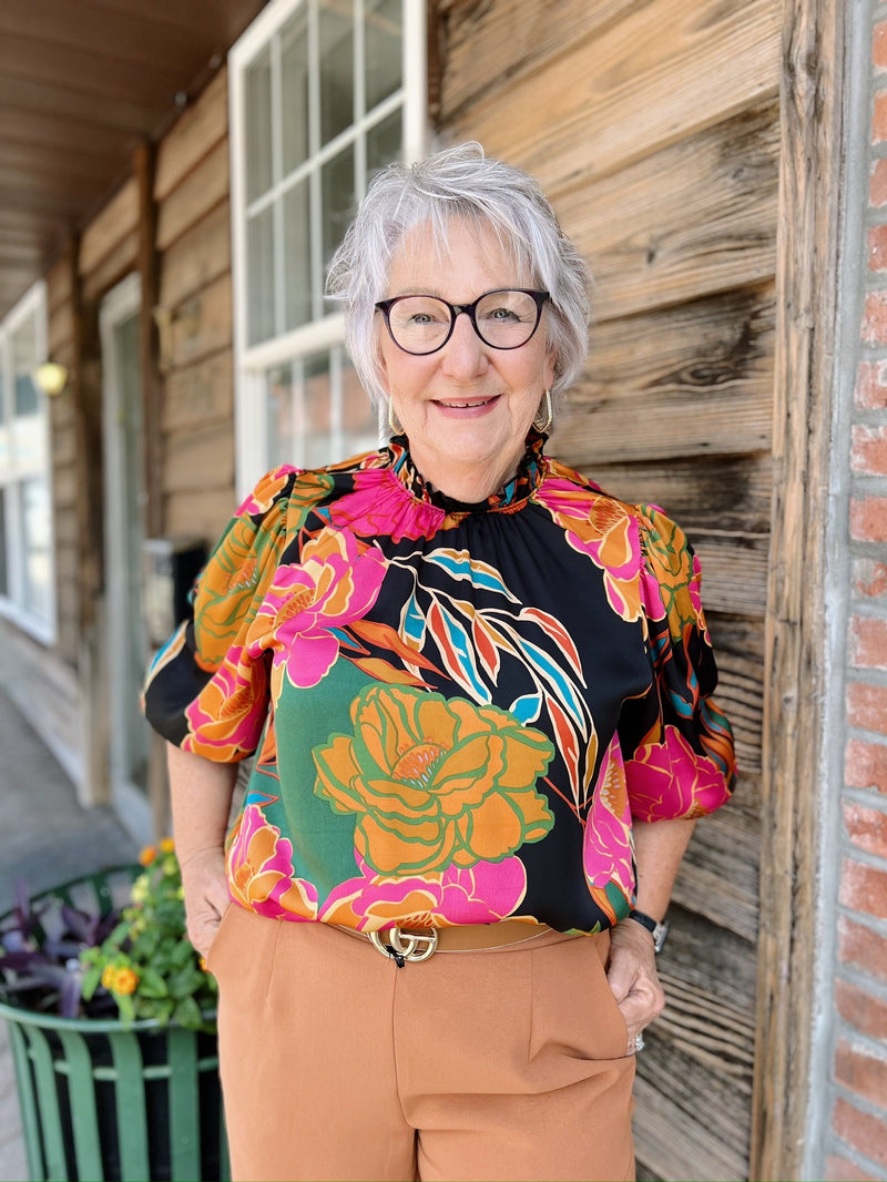 Mocha Silk Top With Floral Print