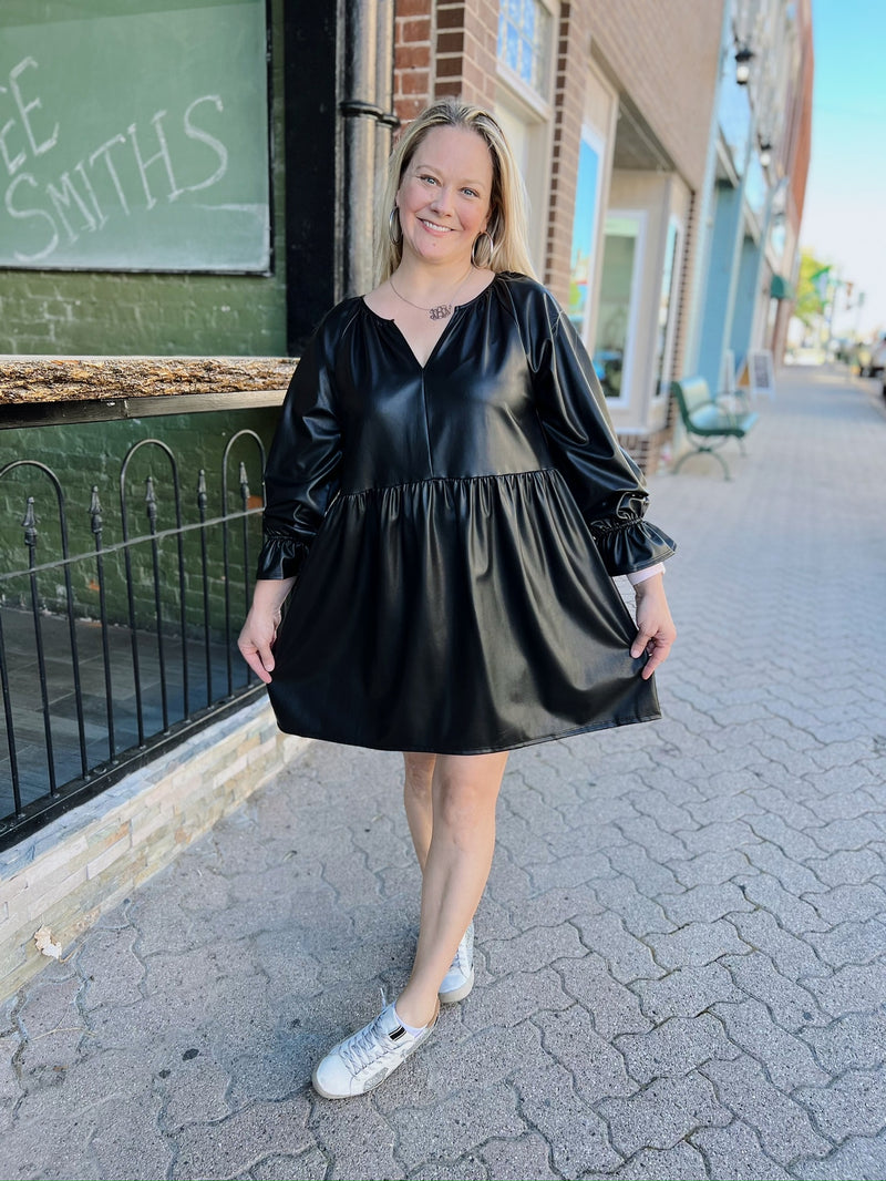 Black Faux Leather V-Neck Dress