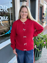 Red Round Neck Cardigan With Pearl Bow Buttons