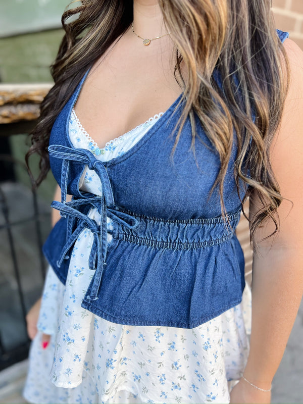 Denim Scoop Neck Front Tie Ruffle Hem Vest