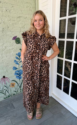 Button Front Leopard Midi Dress