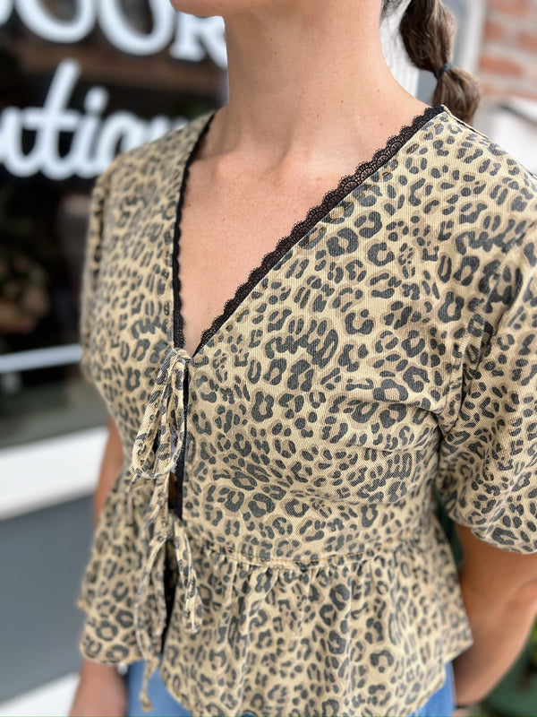 Leopard Printed Denim Shirt With Lace