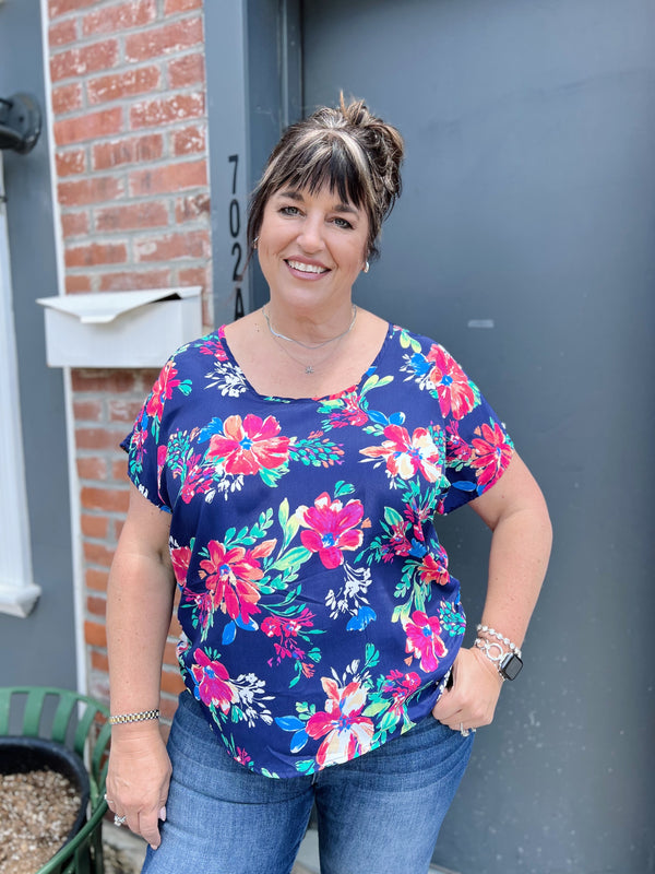 Curvy Navy Floral Dolman Sleeve Top