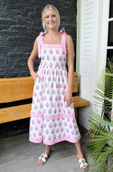 Pink Floral Tie Strap Midi Dress