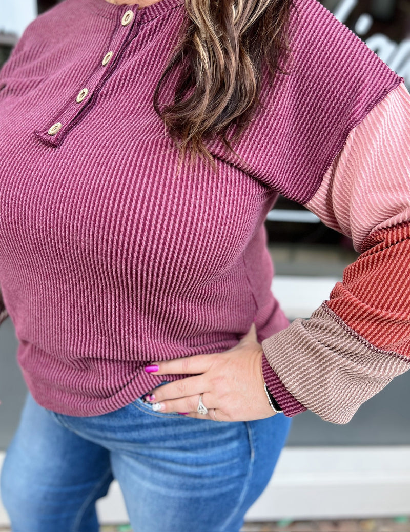 Curvy Burgundy Colorblock Long Sleeve Top
