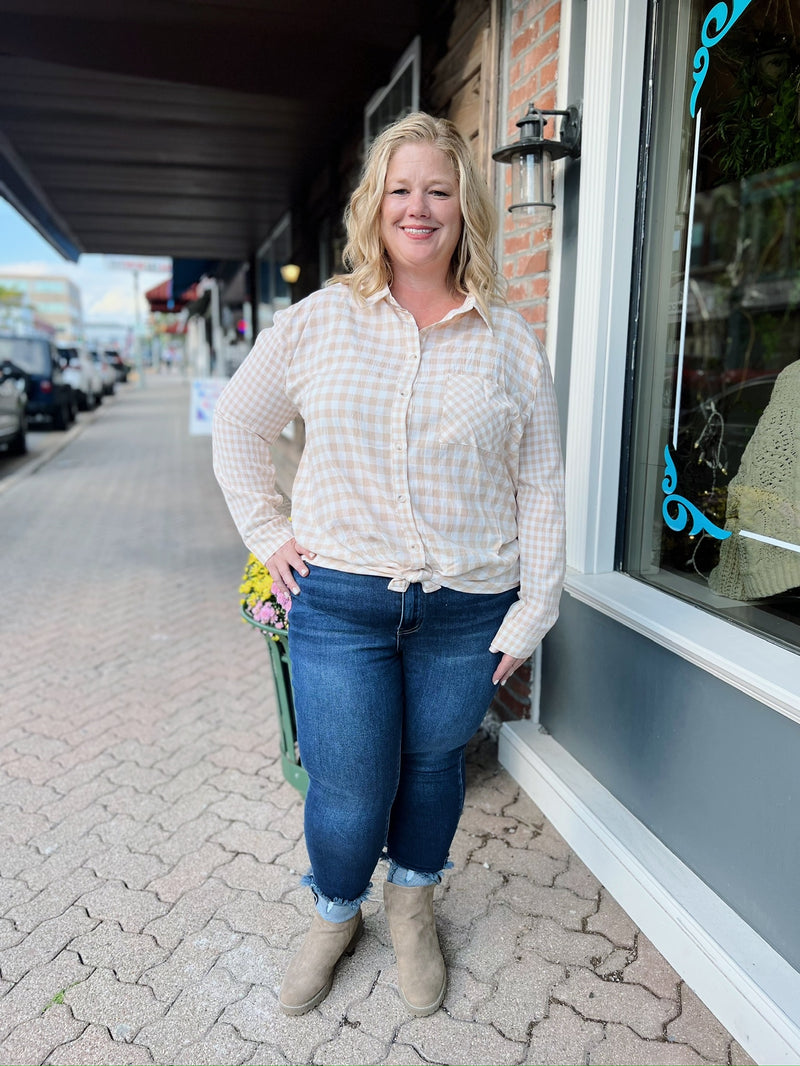 Curvy Tan Gingham Button Up