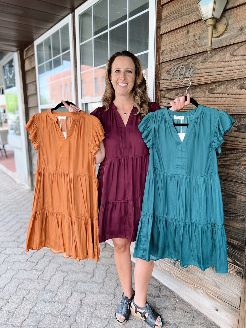 Ruffle Cap Sleeve V-Neck Dress