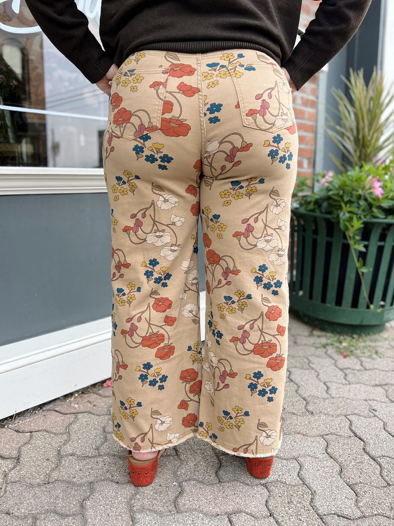 Floral Printed Washed Stretch Twill Pants