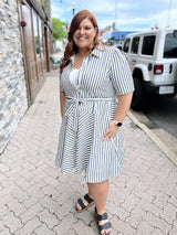 Curvy Short Sleeve Blue Striped Dress