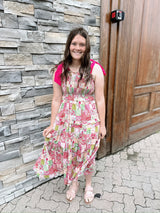 Pink Tie Shoulder Floral Midi Dress