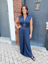 Navy Blue Romper with Zipper & Scrunch Waist