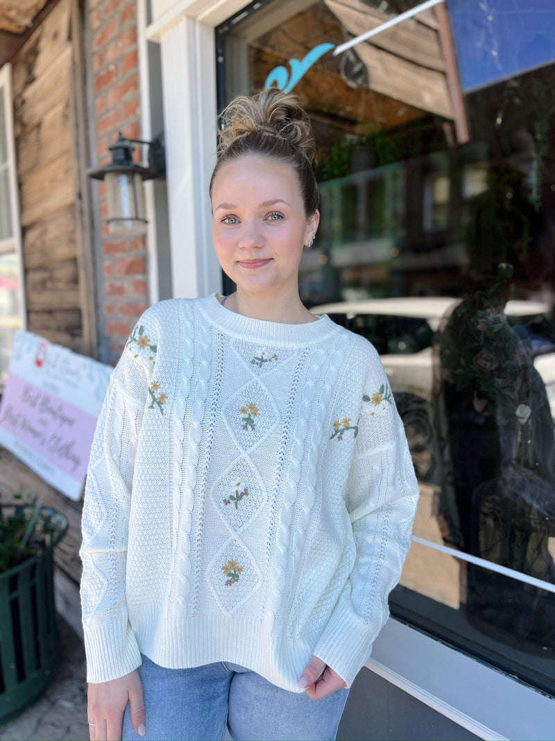 Ivory Embroidered Flower Cable Knit Sweater